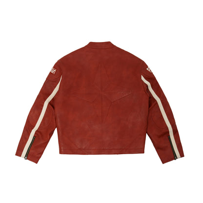 Leather Crop Racing Jacket Red