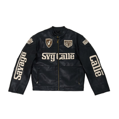 Leather Crop Racing Jacket Black