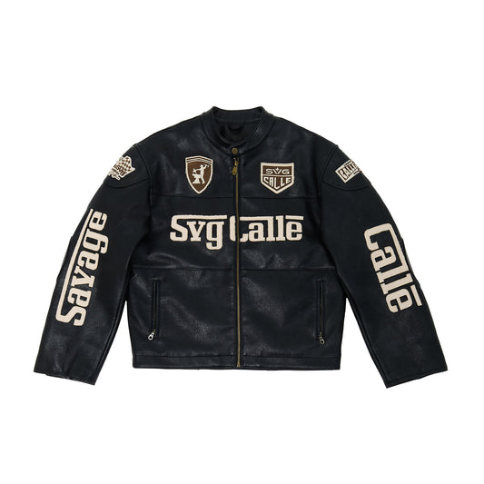 Leather Crop Racing Jacket Black