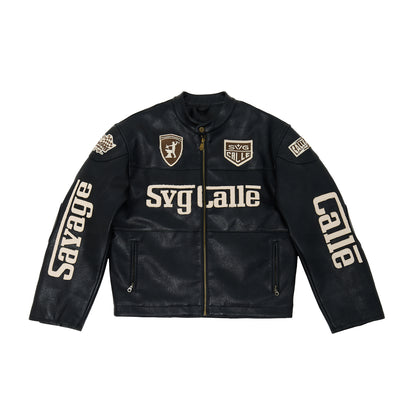 Leather Crop Racing Jacket Black