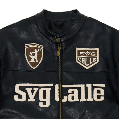 Leather Crop Racing Jacket Black