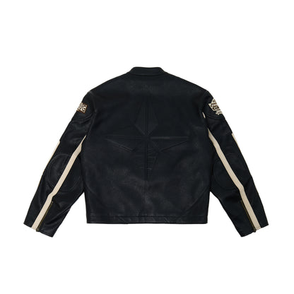 Leather Crop Racing Jacket Black