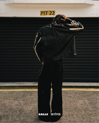 Leather Crop Racing Jacket Black