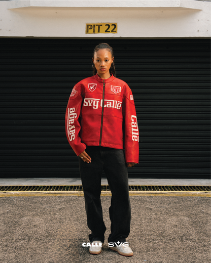 Leather Crop Racing Jacket Red
