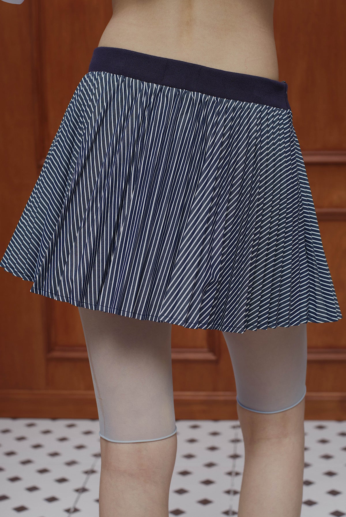 Pleated Stripe Mini Skirt Navy