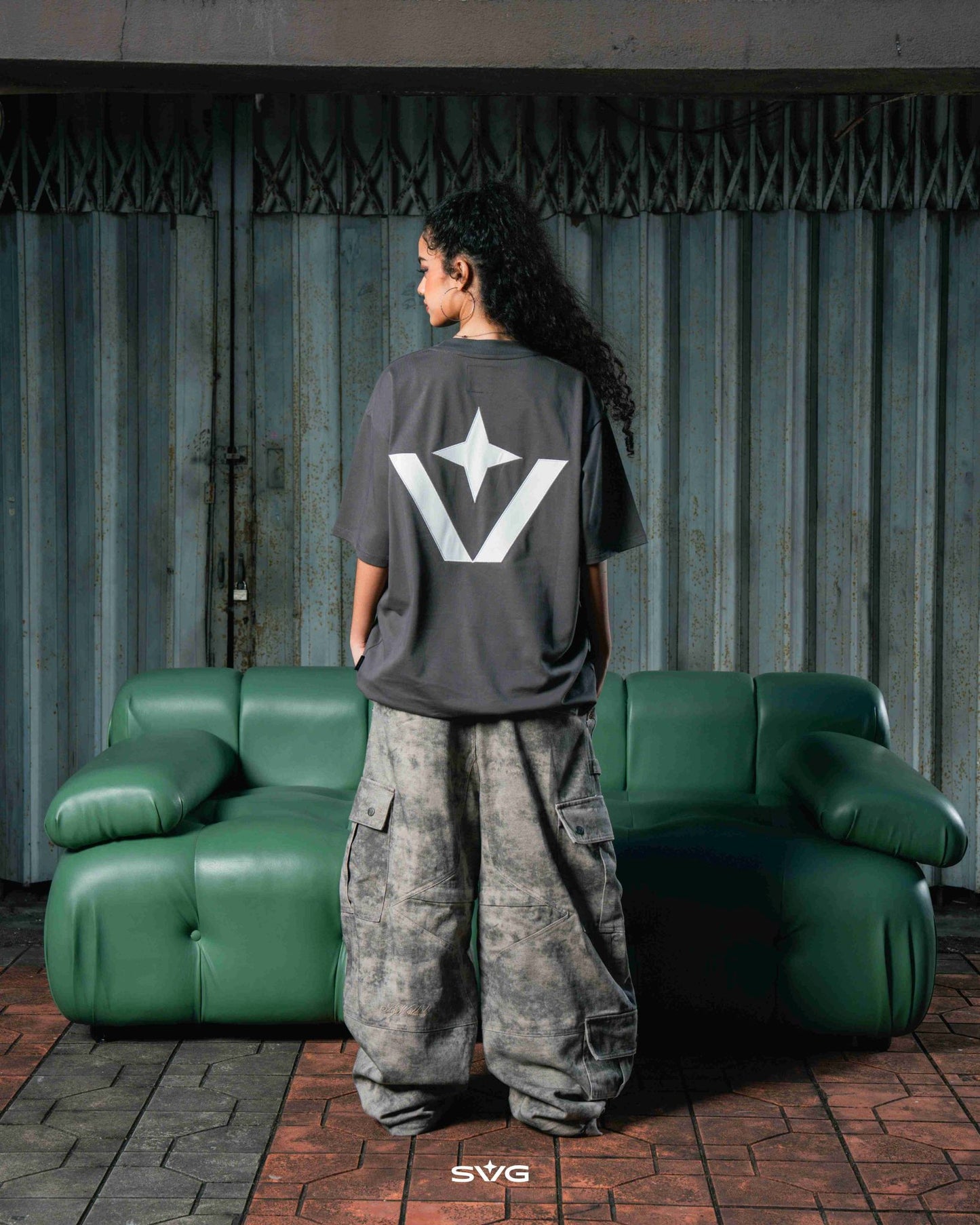 Victory Embroidery Leather Tee Grey