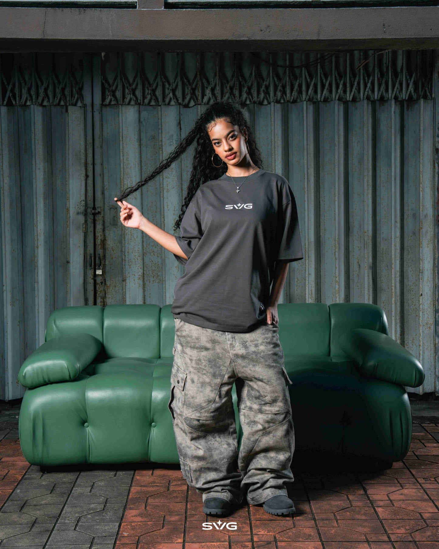 Victory Embroidery Leather Tee Grey